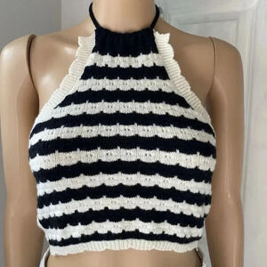 Vtg Y2K Black White Crochet Knit Halter Crop Top Fairy Whimsygoth Grunge Boho S